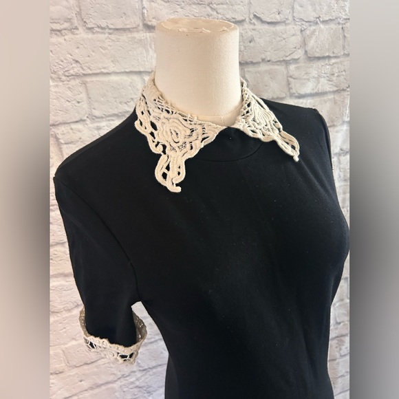 Mind Code Black Dress w Crochet Lace Collar Bodycon Knit Stretch Garden Botanist - Picture 6 of 12